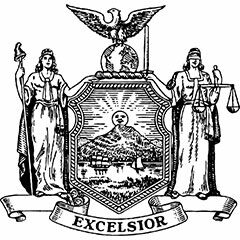 NY State Senate emblem, with the word EXCELSIOR written on a banner below the emblem.