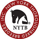 Banner in the shape of a circle reading, “New York Thoroughbred Breeders, Inc.”, with two horse heads in the center, and “NYTV” beneath the heads.